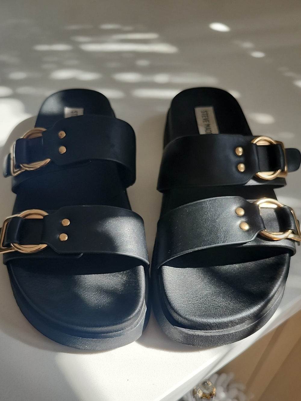 Steve Madden Black Slide Sandals with Gold Buckles